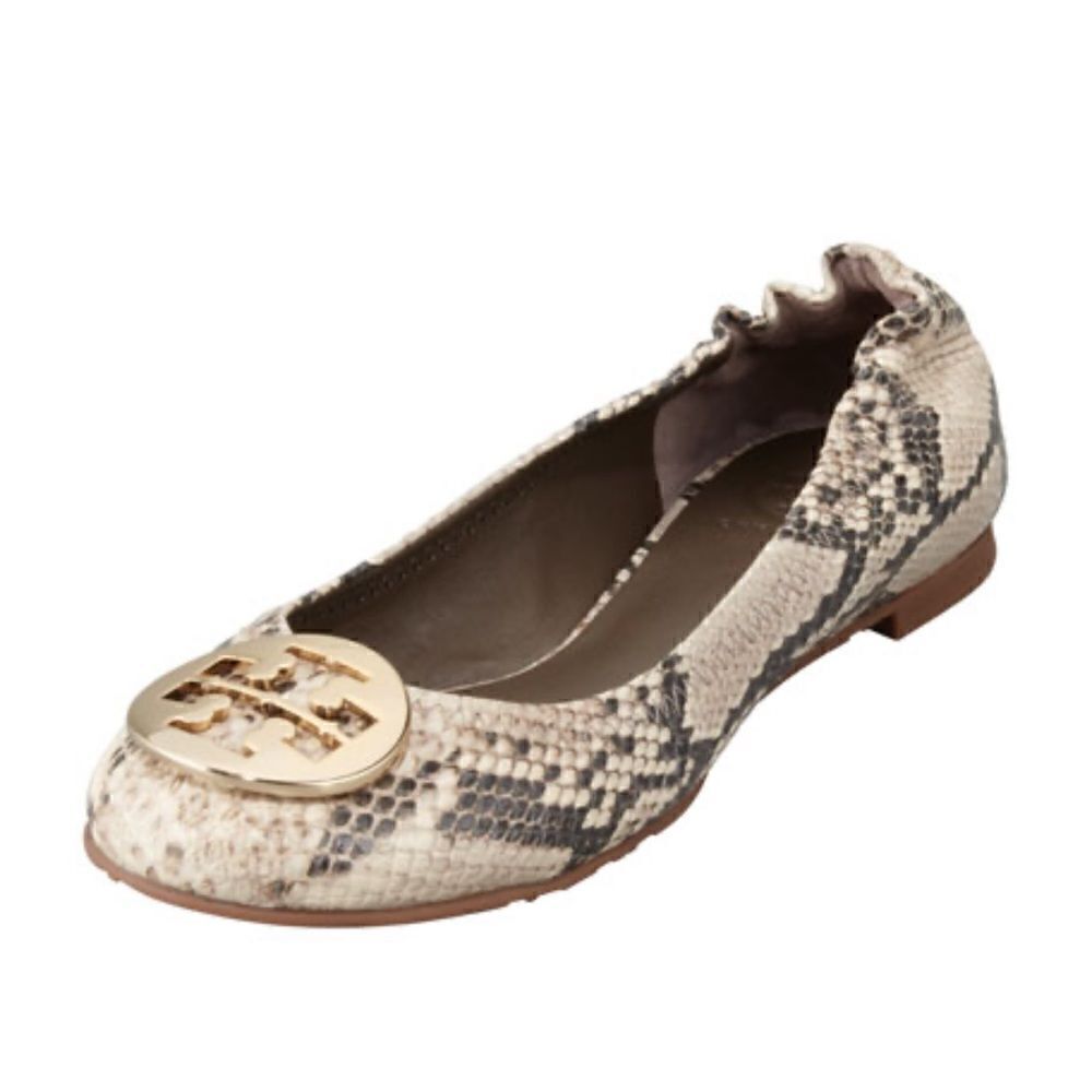 Tory Burch Reva Snake-Print Ballerina Flat,  Roccia 6.5
